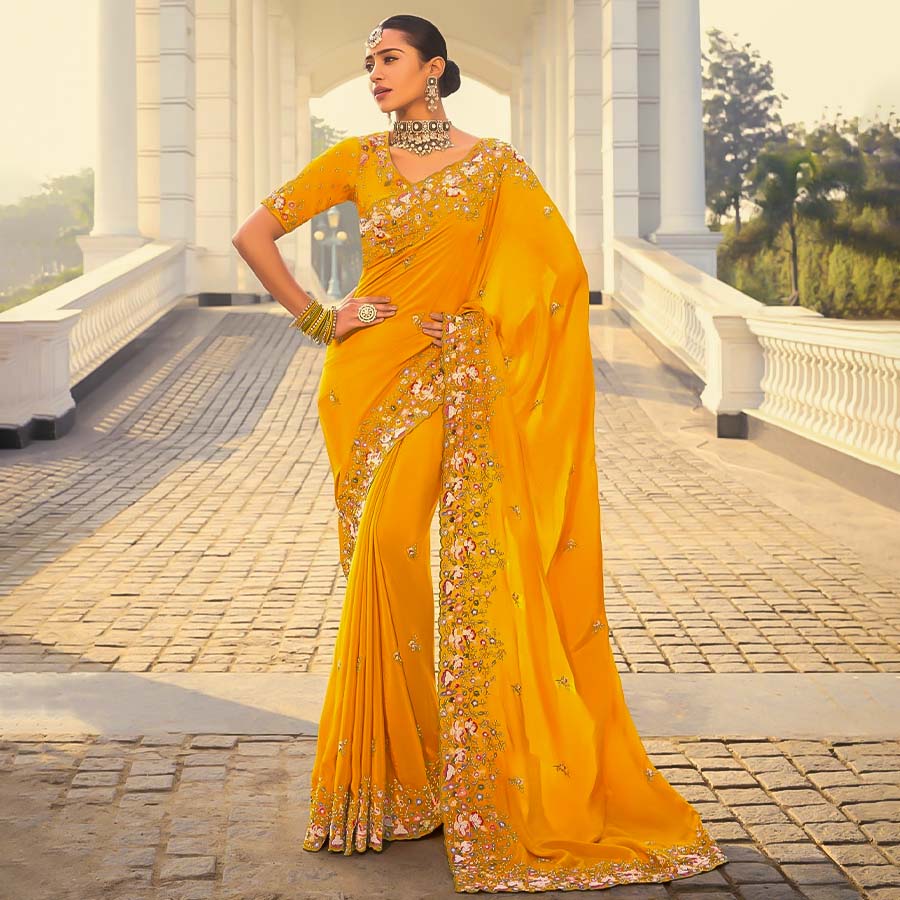 Yellow  Crape Designer Saree