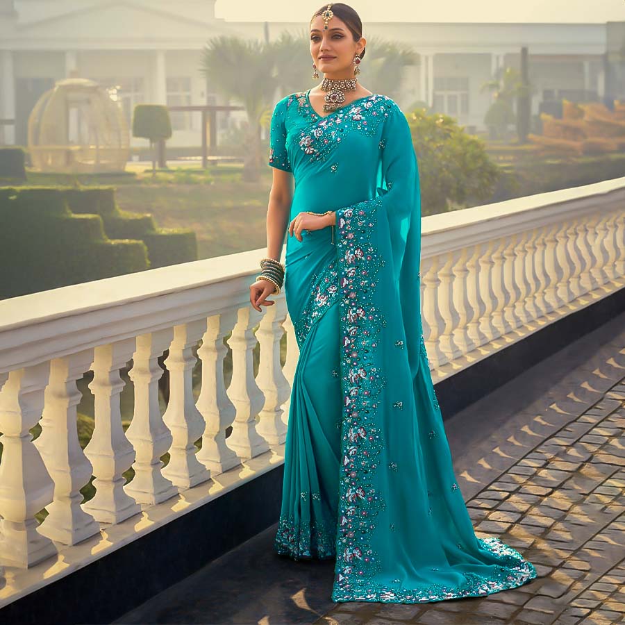 Blue Crape Designer Saree