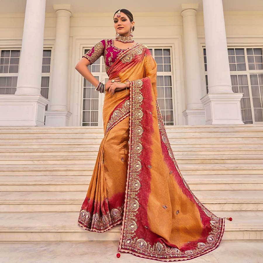 Orange Crape Jacquard Designer Saree