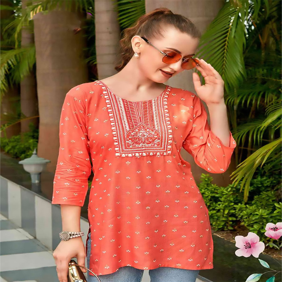 Orange Rayon Casual Kurtis