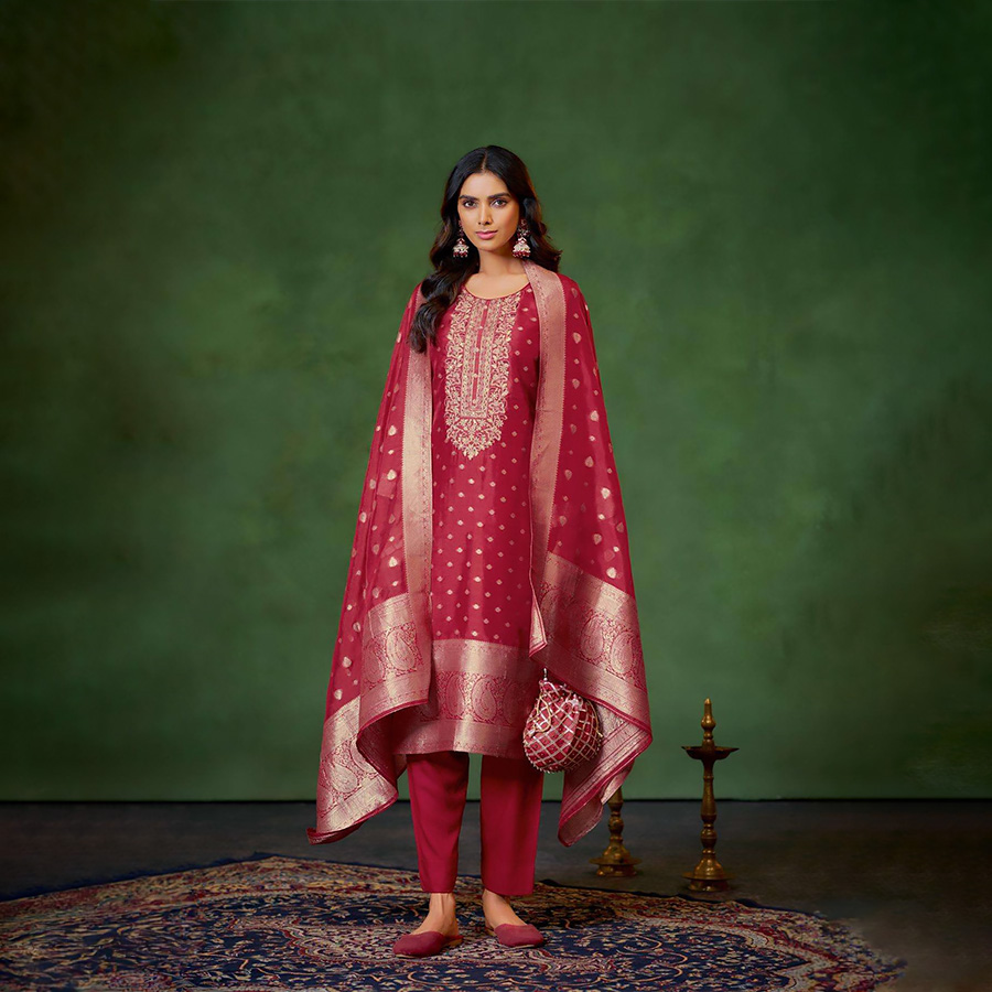 Red Banglory Silk Jacquard Partywear Suit