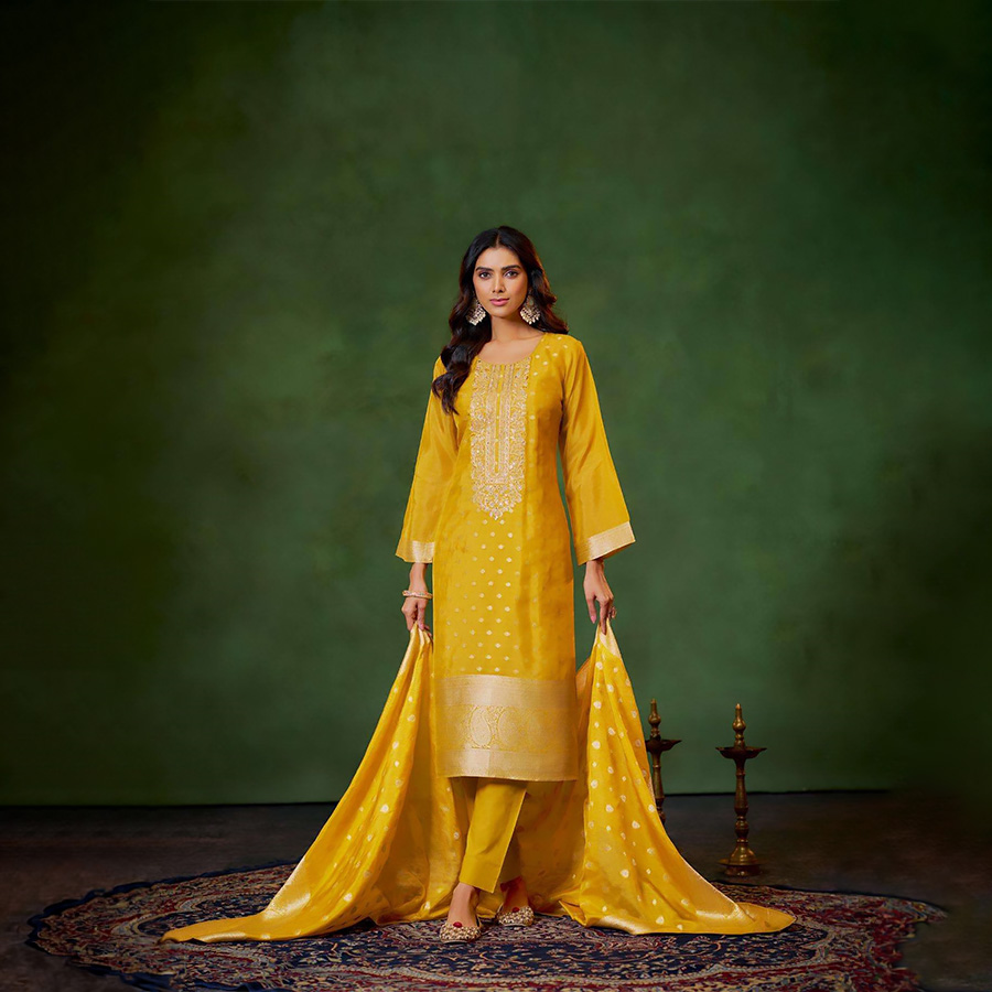 Yellow Banglory Silk Jacquard Partywear Suit