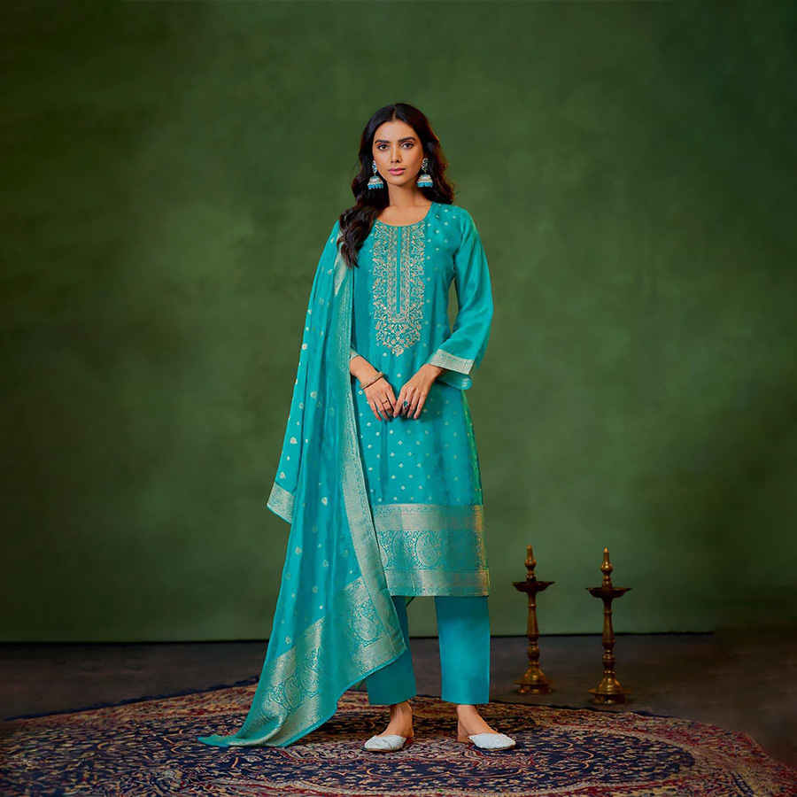 Blue Banglory Silk Jacquard Partywear Suit