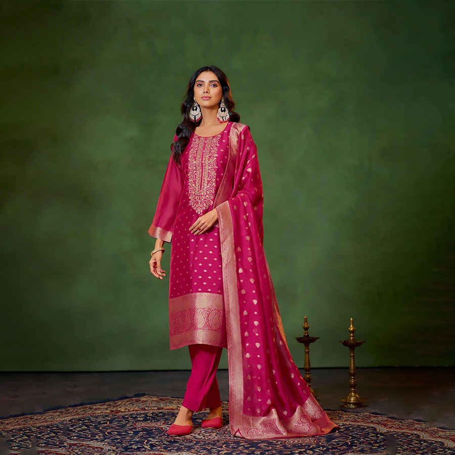 Purple Banglory Silk Jacquard Partywear Suit