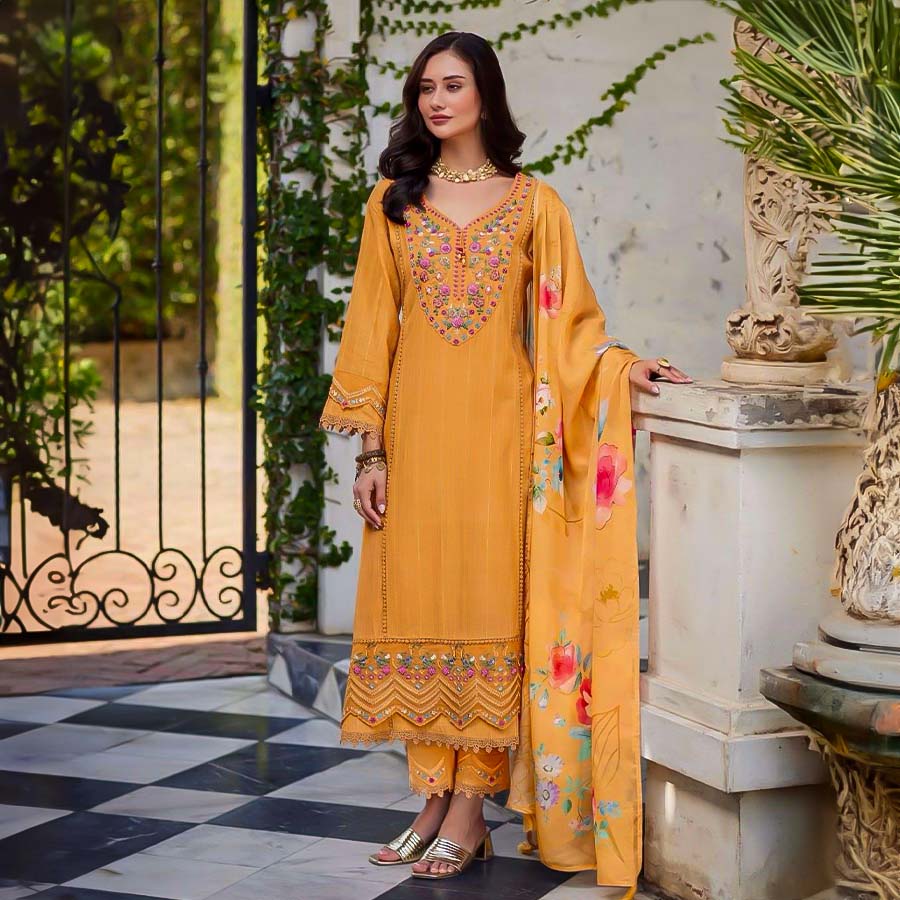 Yellow Cotton Party Wear Salwar Kameez