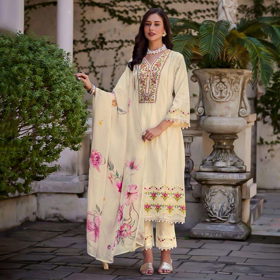 White Cotton Party Wear Salwar Kameez