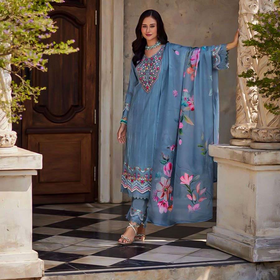 Blue Cotton Party Wear Salwar Kameez