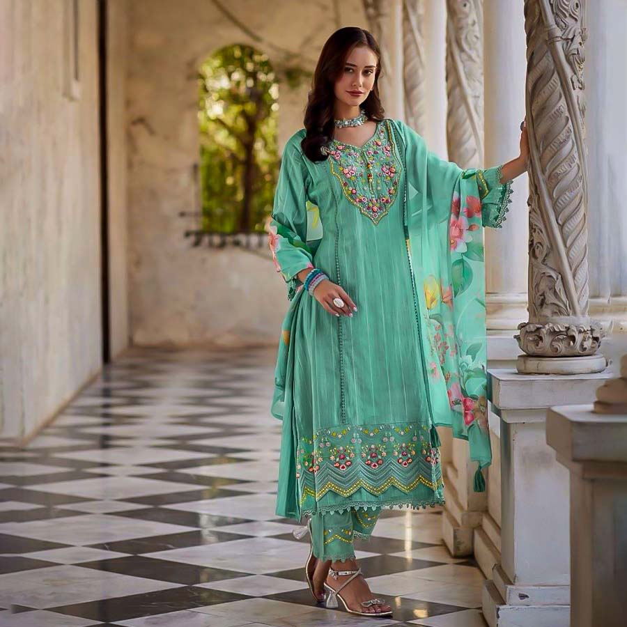 Green Cotton Party Wear Salwar Kameez