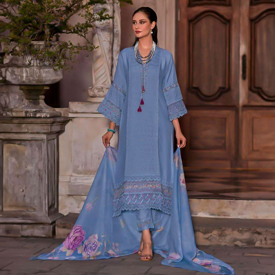 Blue Muslin Party Wear Salwar Kameez