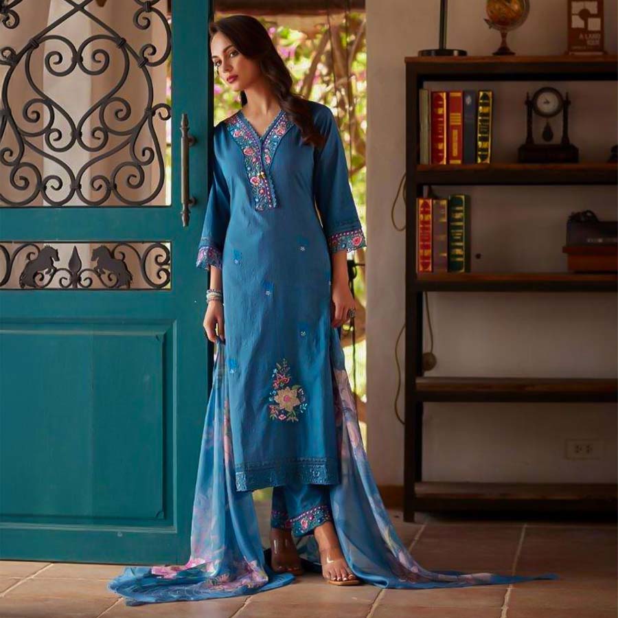 Blue Cotton Party Wear Salwar Kameez