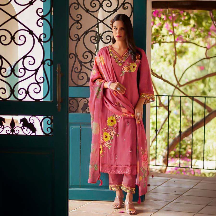 Red  Cotton Party Wear Salwar Kameez