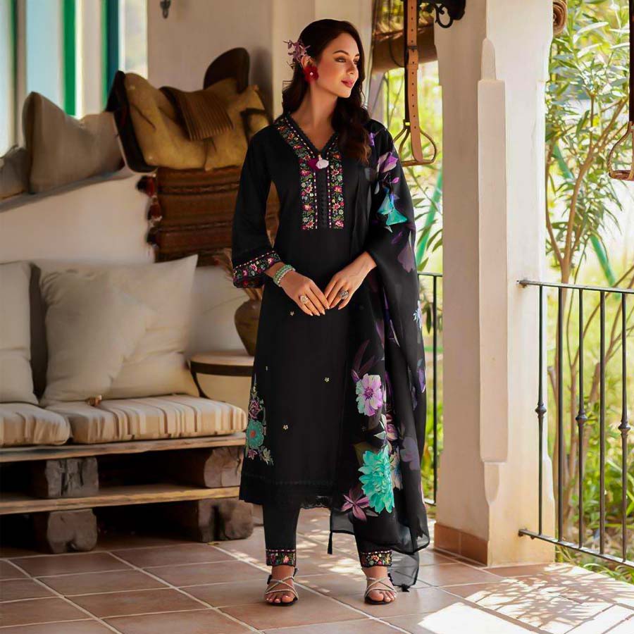 Black  Cotton Party Wear Salwar Kameez
