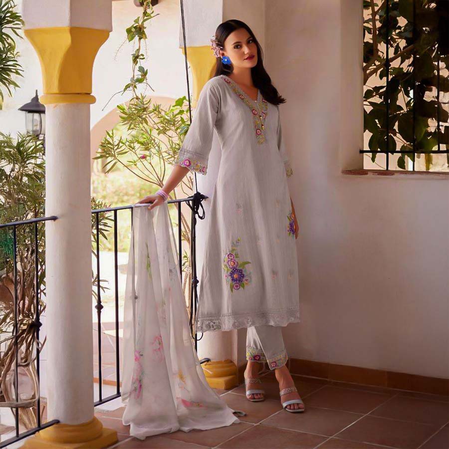 Grey Cotton Party Wear Salwar Kameez