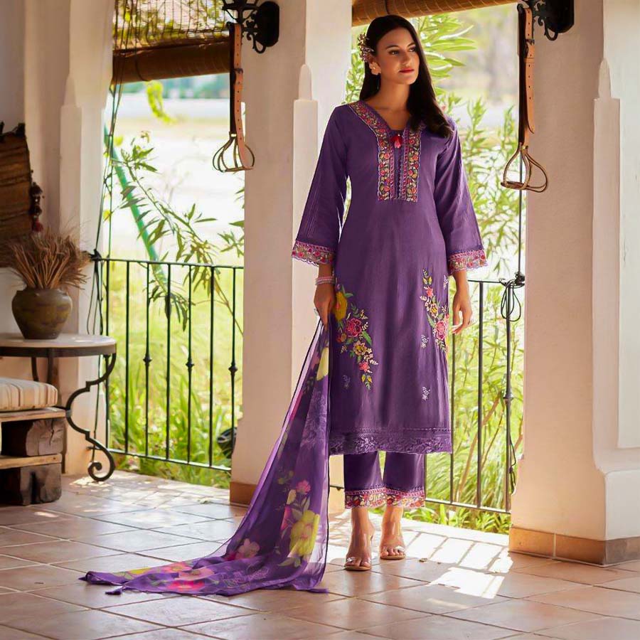 Violet  Cotton Party Wear Salwar Kameez