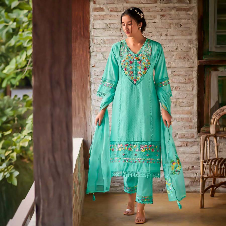 Cyan  Cotton Party Wear Salwar Kameez