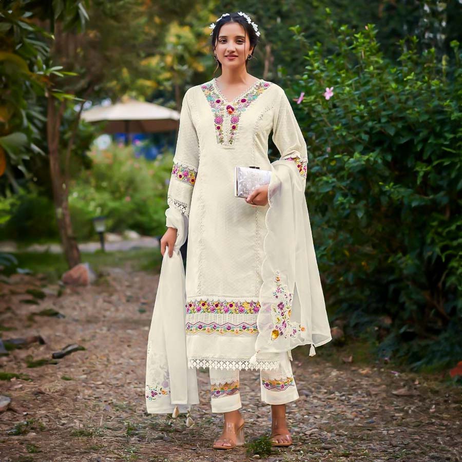 White Cotton Party Wear Salwar Kameez