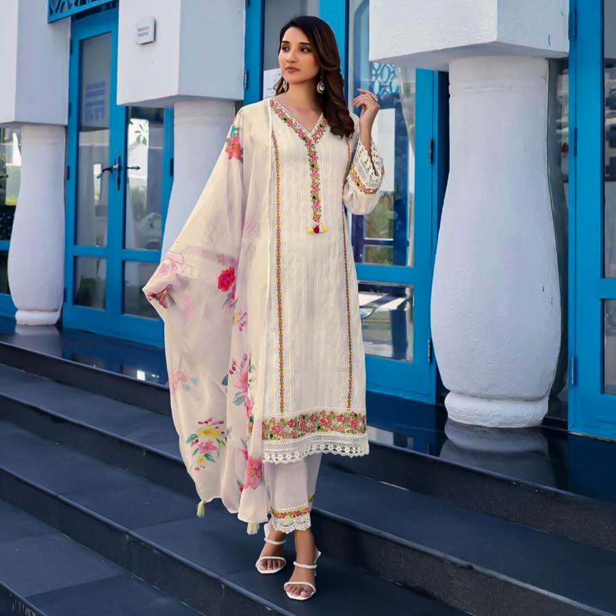 White  Cotton Party Wear Salwar Kameez