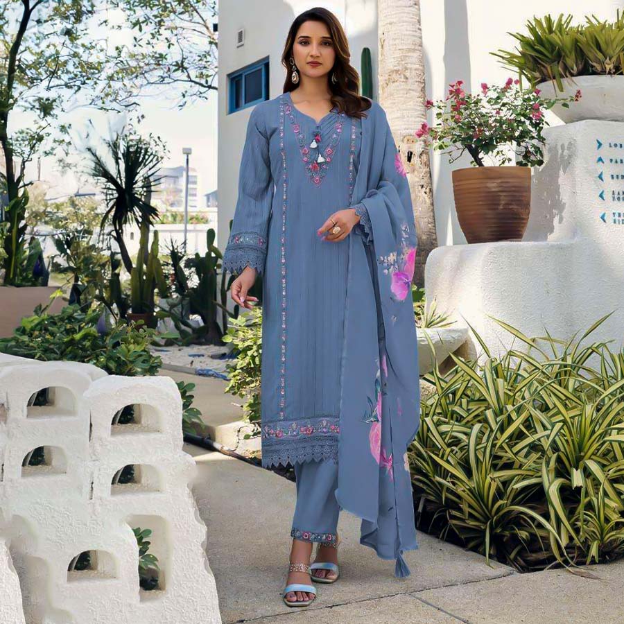 Blue Cotton Party Wear Salwar Kameez