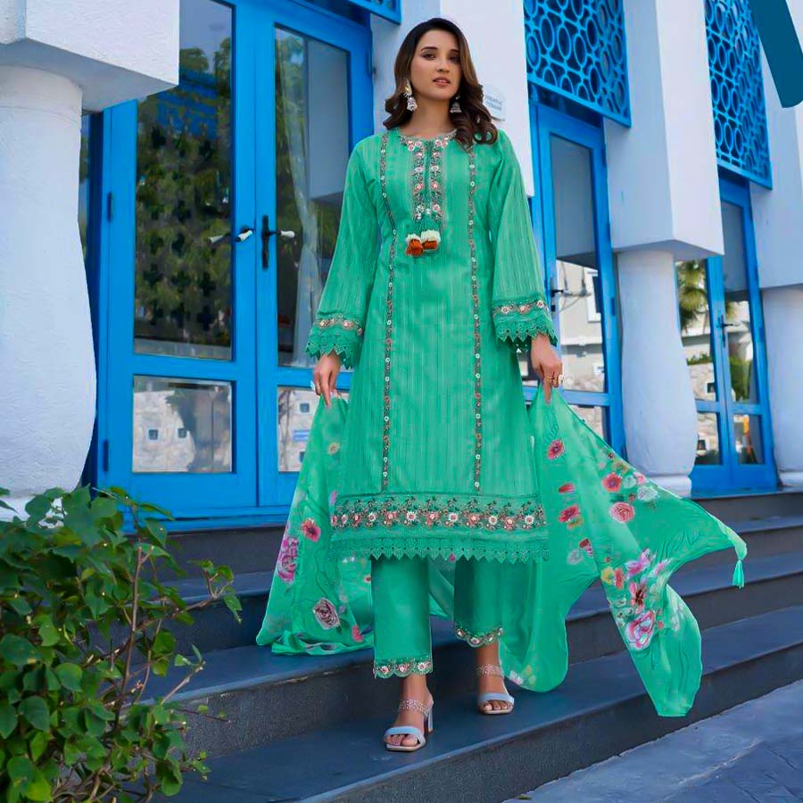 Green  Cotton Party Wear Salwar Kameez
