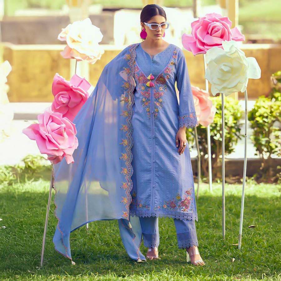 Blue Cotton Party Wear Salwar Kameez