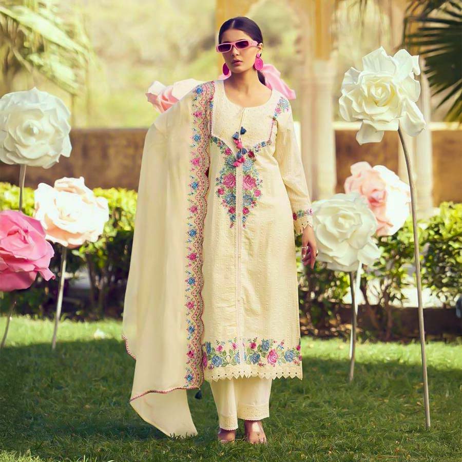 White  Cotton Party Wear Salwar Kameez