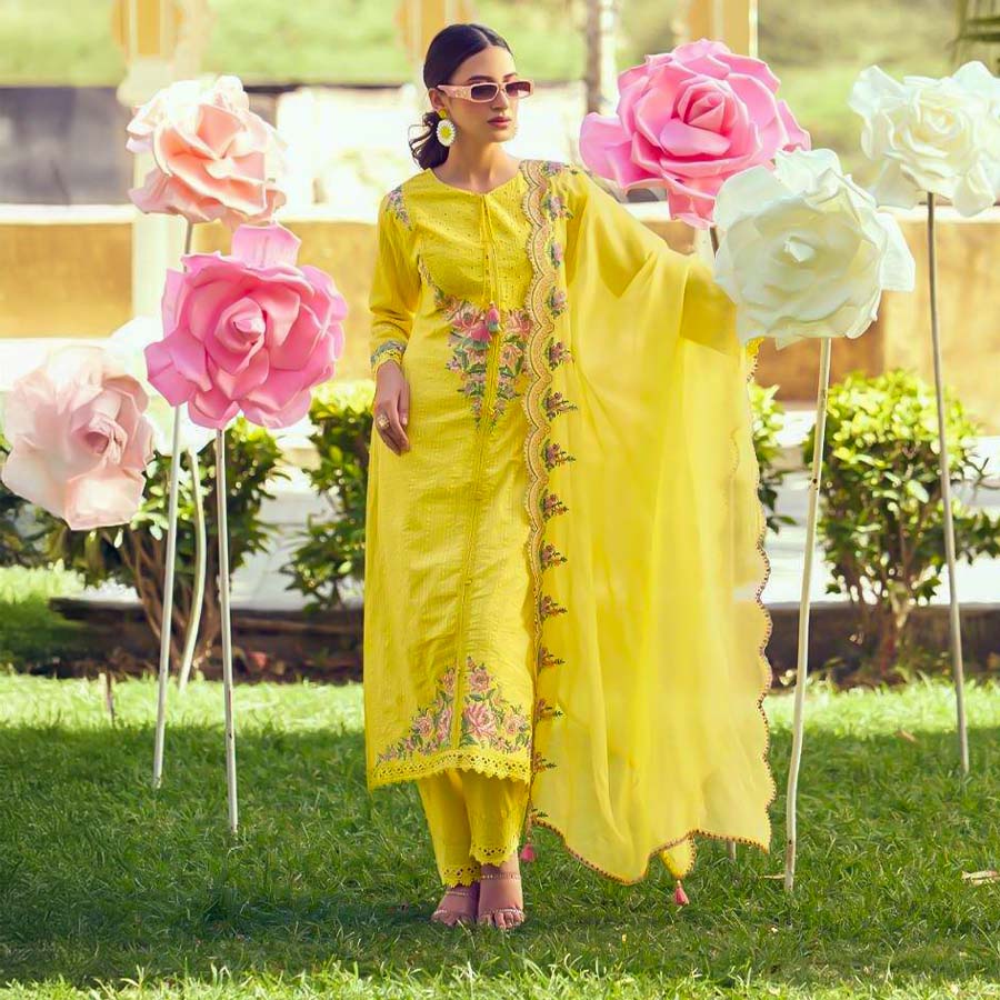Yellow Cotton Party Wear Salwar Kameez