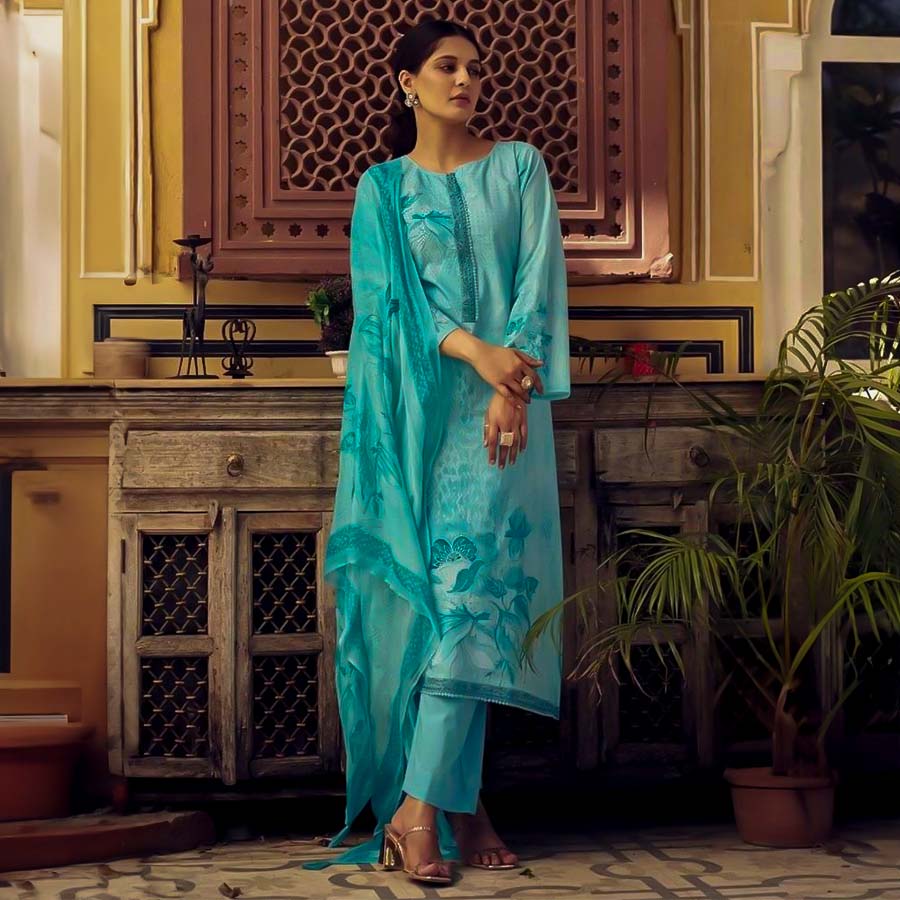 Sky Blue Cotton Casual Wear Salwar Kameez