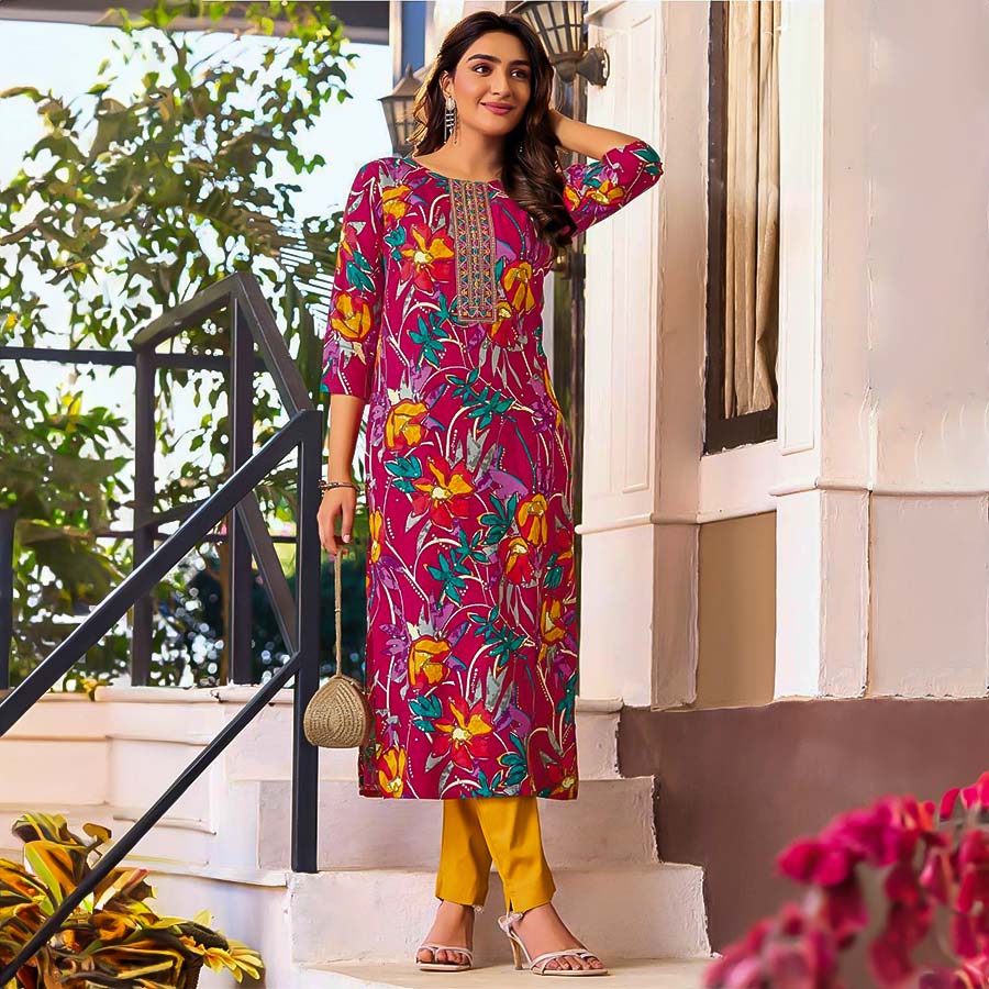 Pink  Rayon Printed Kurti