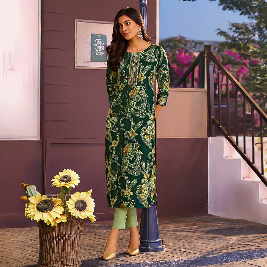 Green Rayon Printed Kurti