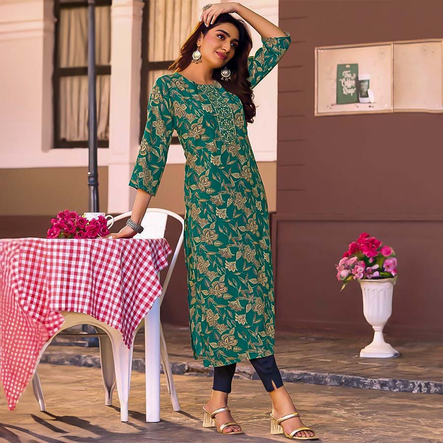 Green Rayon Printed Kurti