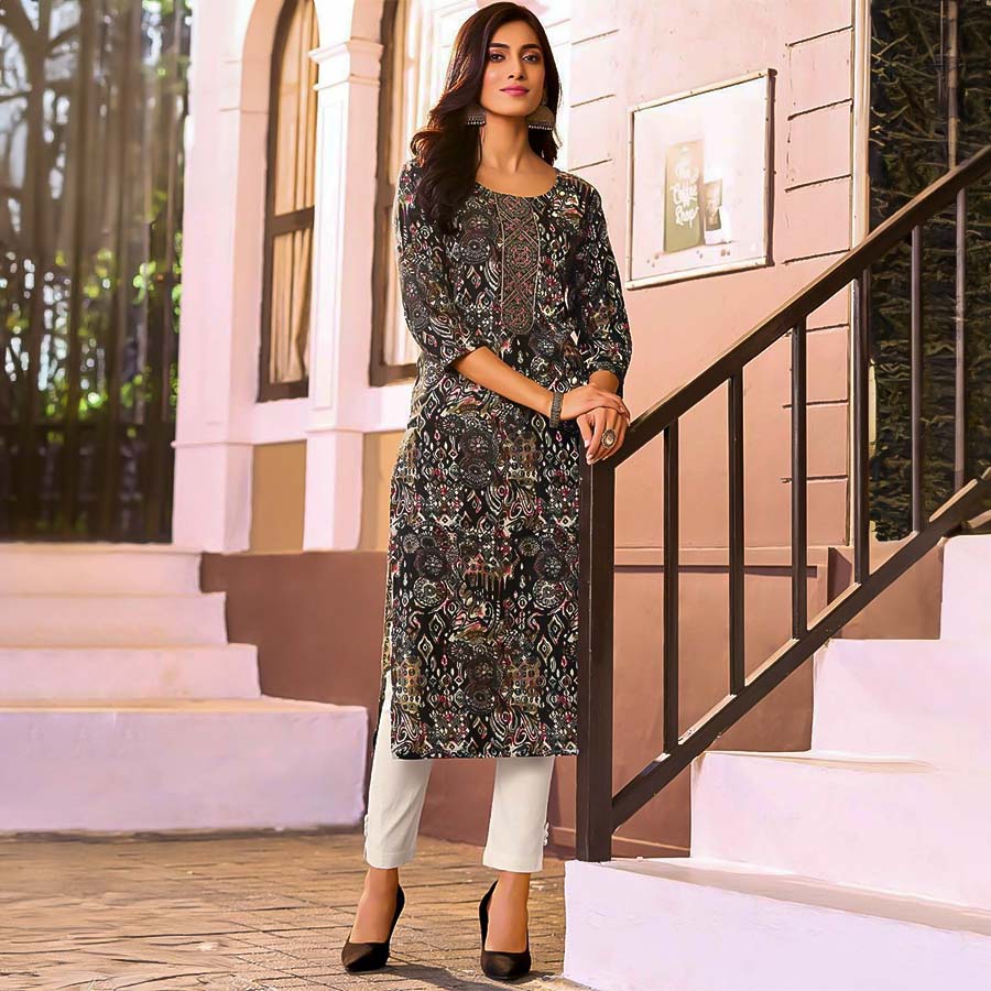 Black Rayon Printed Kurti