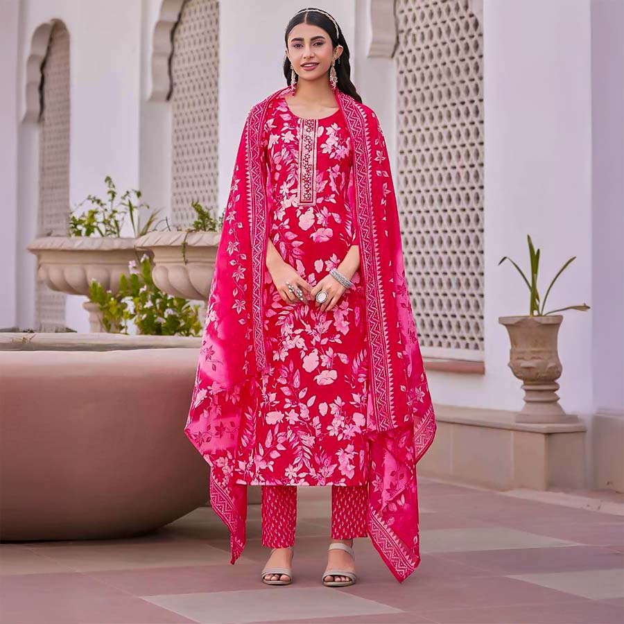 Red  Cotton Casual Wear Salwar Kameez