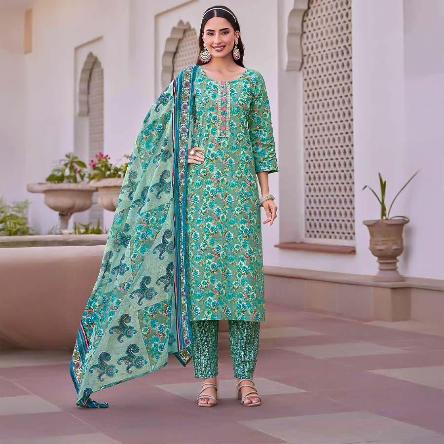 Green  Cotton Casual Wear Salwar Kameez