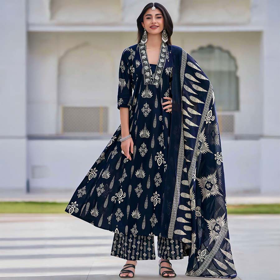 Blue Cotton Casual Wear Salwar Kameez
