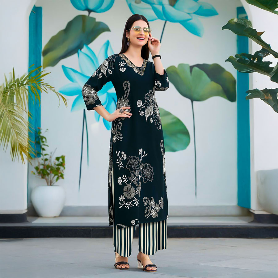 Black  Rayon Casual Wear Kurti
