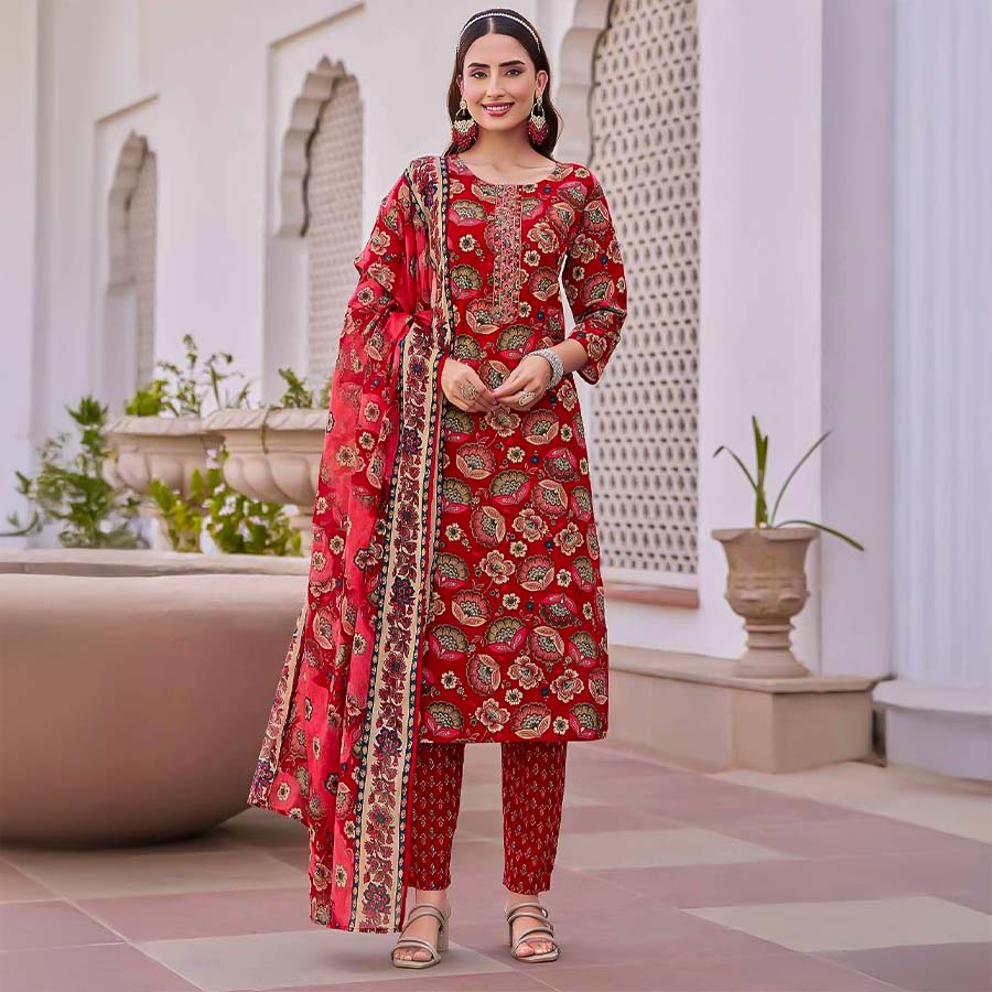 Red  Cotton Casual Wear Salwar Kameez