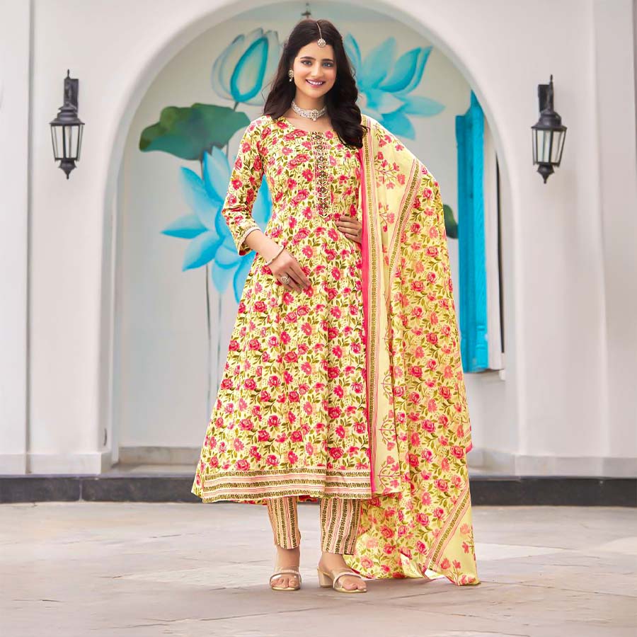 Yellow  Cotton Casual Wear Salwar Kameez