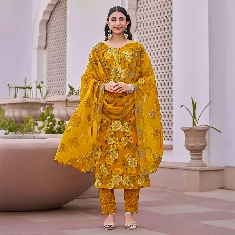 Yellow Cotton Casual Wear Salwar Kameez