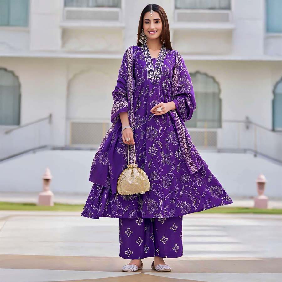 Violet  Cotton Casual Wear Salwar Kameez