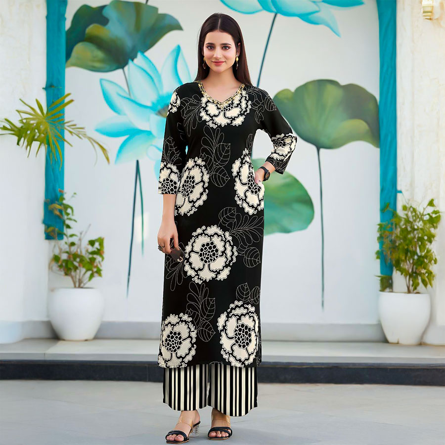 Black  Rayon Casual Wear Kurti