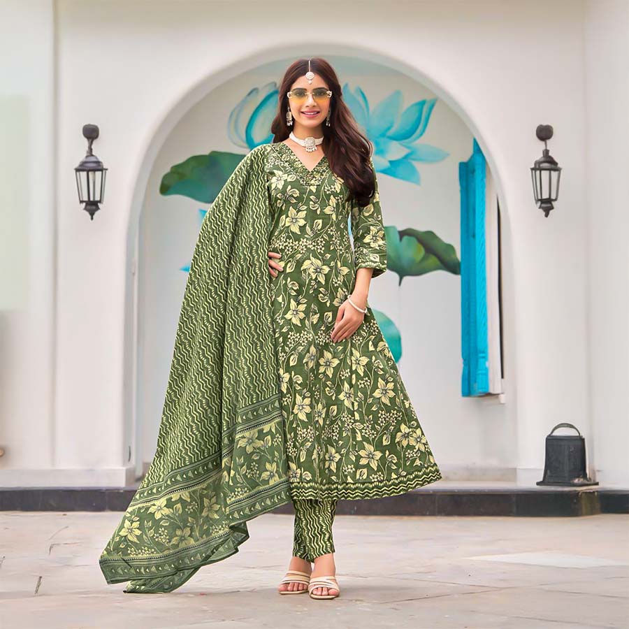 Green Cotton Casual Wear Salwar Kameez