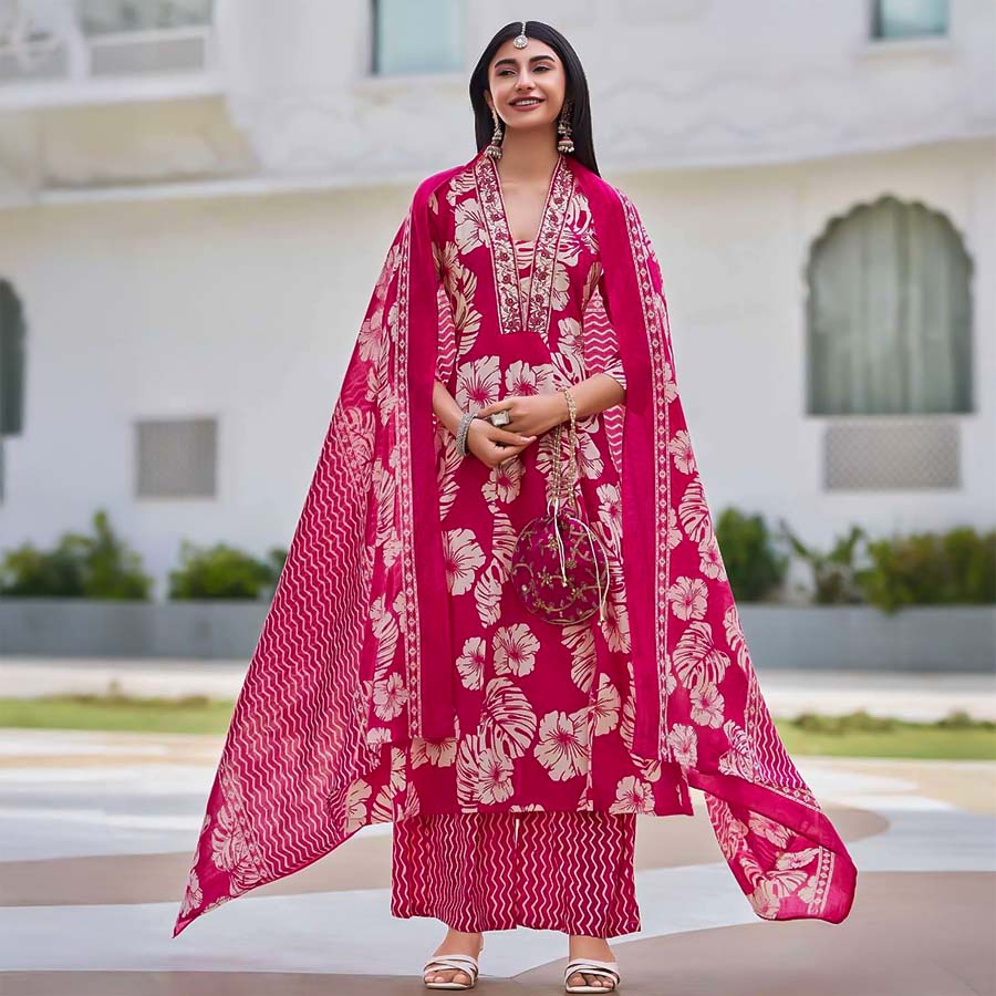 Red  Cotton Casual Wear Salwar Kameez
