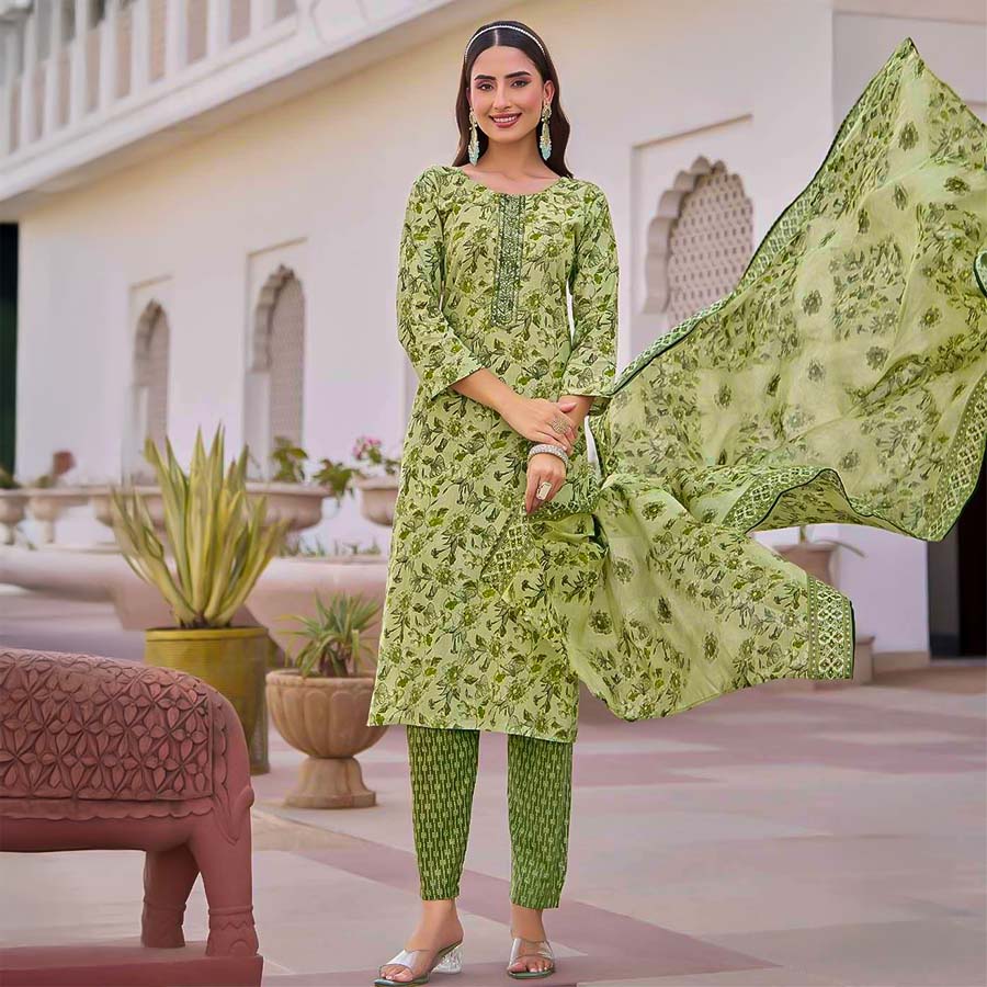 Green Cotton Casual Wear Salwar Kameez