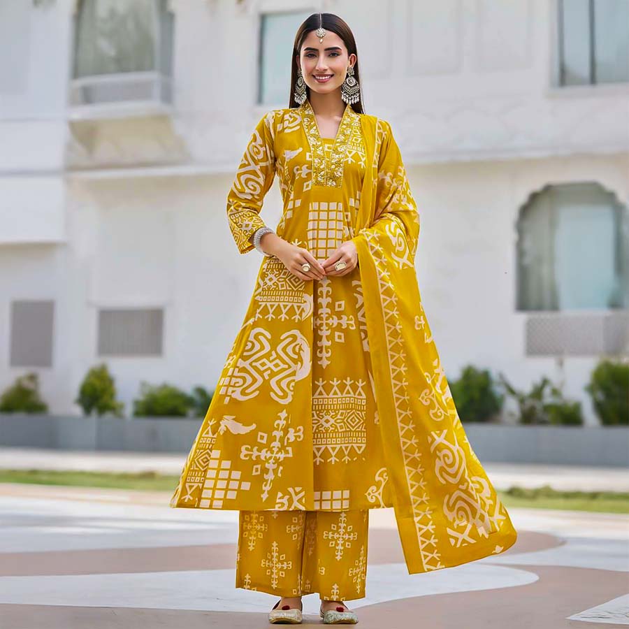 Yellow Cotton Casual Wear Salwar Kameez