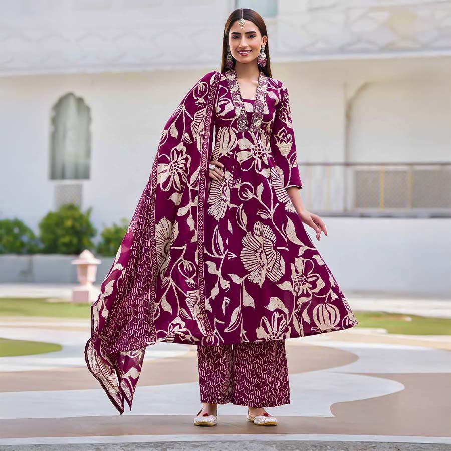 Violet  Cotton Casual Wear Salwar Kameez