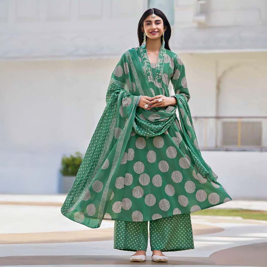 Green  Cotton Casual Wear Salwar Kameez