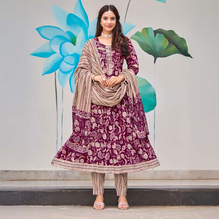 Violet Cotton Casual Wear Salwar Kameez