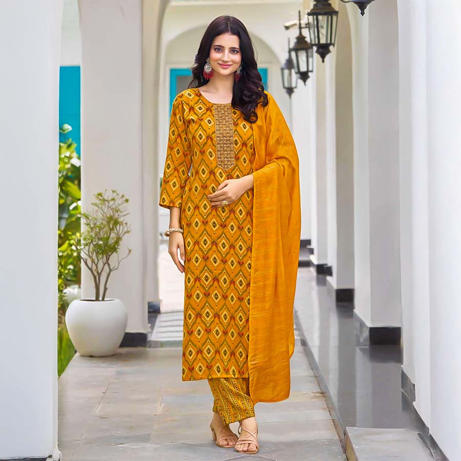 Yellow Rayon Casual Wear Salwar Kameez