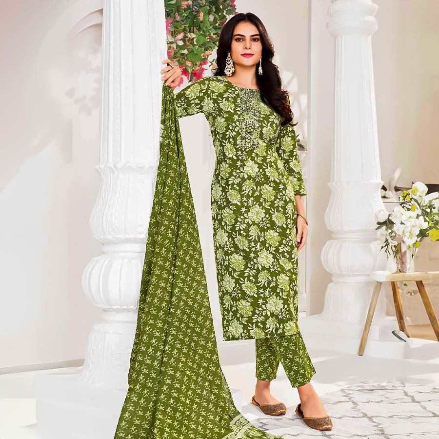 Green  Cotton Printed Salwar Kameez