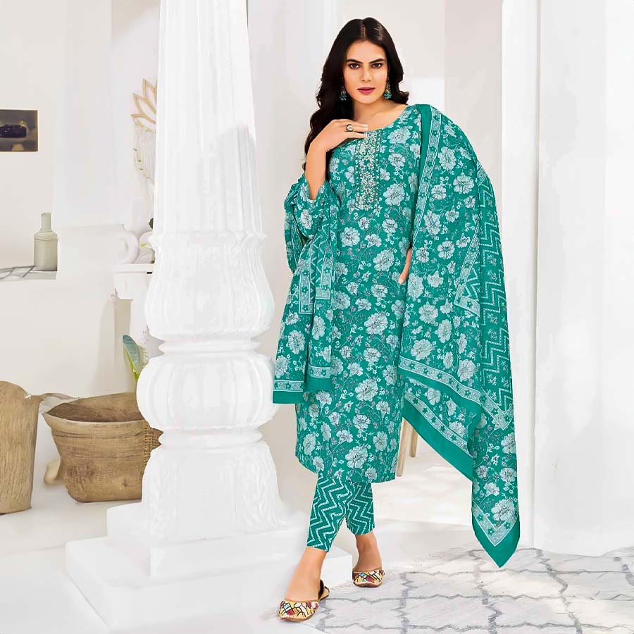 Green  Cotton Printed Salwar Kameez